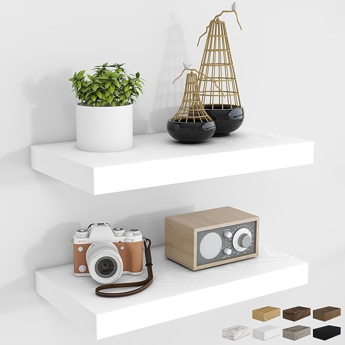 RICHFOCUS 16Inch Floating Shelves for Wall 2 Pack Shelves for Bedroom|Kitchen|Bathroom Wall Mounted Rustic Wood Floating Shelf with Invisible Brackets for Books|Storage|Decor, White-Ruum Studio Home