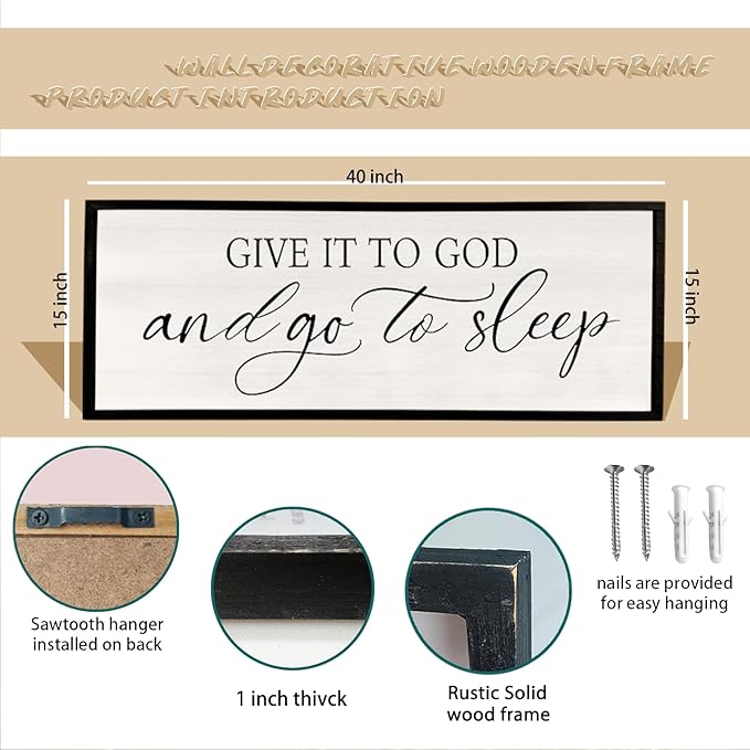 comurdyo Give It To God And Go to Sleep Sign 40''×15'' Master Bedroom Above Bed Wall Decor Wood Framed Couple Large Farmhouse Guest Room Rustic Simple Over Bedside Wall Art Hanging Decor (Black)-Ruum Studio Home