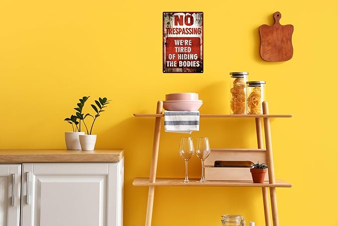 Vintage Tin Sign Retro Metal Funny No Trespassing Signs for Home Decor Stylish Wall Art Plaques Gift for Bathroom Kitchen and Gothic Wall Decor in Every Room 12x8 in-Ruum Studio Home