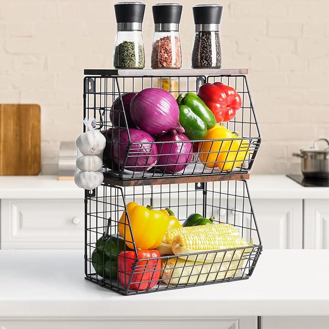 Fruit Bowl, Stackable Wall Mounted Fruit Basket of Smooth Wood Lid with 4 Banana Hanger Hooks, Metal Kitchen Counter Organizer for Snack, Fruit and Vegetable Storage, 11.8 * 7.9 * 8.5 Inches-Ruum Studio Home
