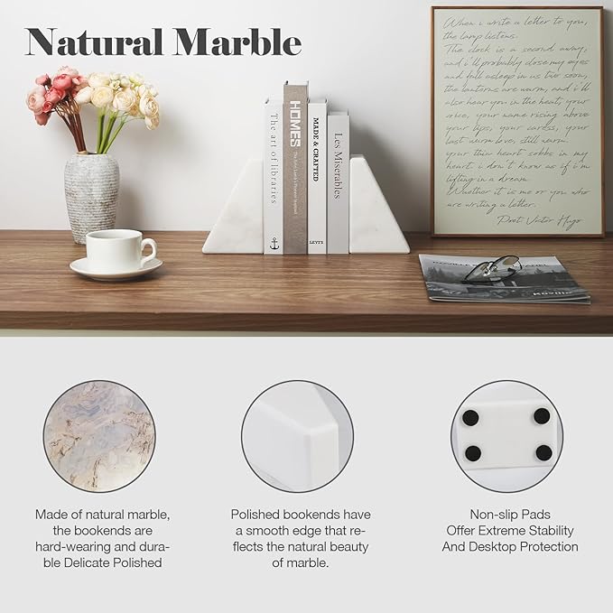 Marble Book Ends Decorative, Unique Bookends for Shelves, White Stone Bookends Holds Heavy Books, Weighted Book Holder Stopper for Home Office Desk Bookshelf Decoration, Set of 2-Ruum Studio Home