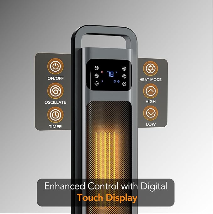 Comfort Zone Oscillating Digital Tower Heater with Remote Control for Indoor Use, Adjustable Thermostat, Timer, Overheat Protection, Tip-Over Switch, Ideal for Home, Bedroom, & Office, HT1206-GRY-Ruum Studio Home
