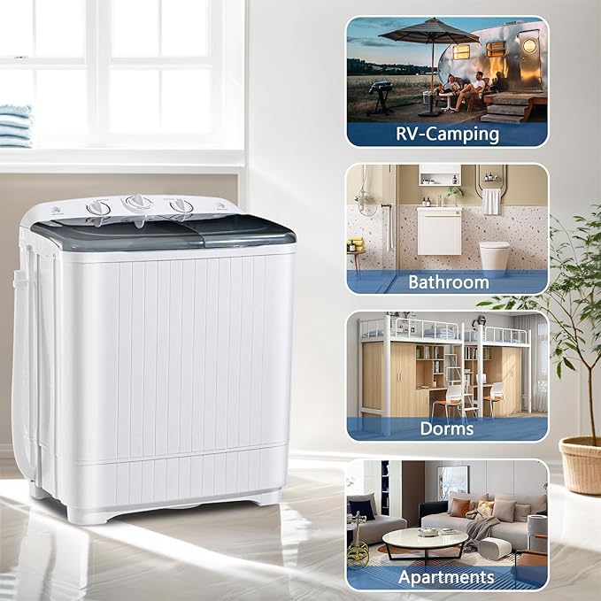 Portable Mini Twin Tub 32lbs Washing Machine With Drying Rack& 10 Hangers, 20lbs Washer & 12lbs Spinner, Small Laundry Washer with Time Control for Camping, Apartments, RV (32lbs)-Ruum Studio Home