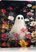 Halloween Canvas Wall Art,Vintage Cute Ghost & Wildflowers Framed Poster, Spooky Fall Decorations for Indoor, Gothic Dark Academia Wall Decor, Funny Halloween Decorations for Living Room Bedroom-Ruum Studio Home