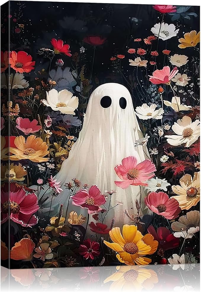 Halloween Canvas Wall Art,Vintage Cute Ghost & Wildflowers Framed Poster, Spooky Fall Decorations for Indoor, Gothic Dark Academia Wall Decor, Funny Halloween Decorations for Living Room Bedroom-Ruum Studio Home