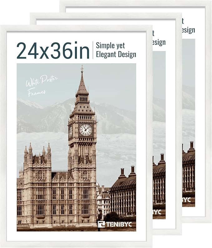 24x36 Poster Frame 3 Pack - White Woodgrain, Solid Wood Picture Frame, Wall Gallery Frame - Wall Hanging-Ruum Studio Home