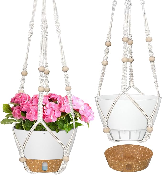 ZMTECH 2 Pack 10 Inch White Hanging Planters with Macrame Plant Hanger for Indoor and Outdoor Plants, Self Watering, Drainage Hole, Visible Level Tray-Ruum Studio Home