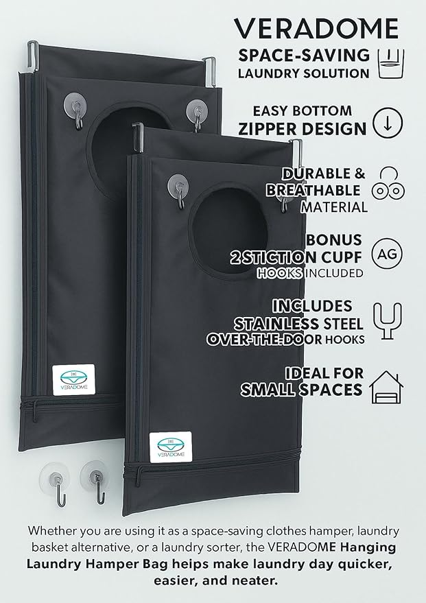 Hanging Laundry Hamper Bag – Space-Saving Dirty Clothes Storage with Free Adjustable Stainless Steel Over-the-Door Hooks & 2 Suction Cup Hooks – Ideal for bathrooms, bedrooms & dorms-Ruum Studio Home