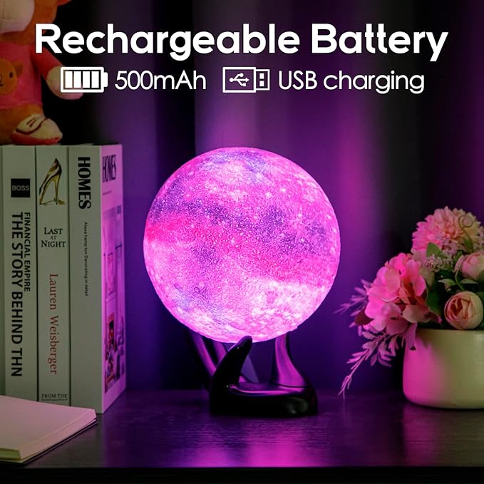 BRIGHTWORLD 7.1inch Galaxy Lamp 16 Colors Moon Lamp 3D Printing, Remote & Touch Control USB Rechargeable, Birthday Gifts for Women Room Decor Aesthetic（Black Hand Base）-Ruum Studio Home