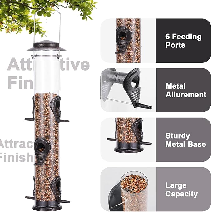MIXXIDEA 1PK Metal Bird Feeders with 6 Feeding Ports,Tube Bird Feeder with Steel Hanger,Hard Plastic Wild Bird Feeder for Outdoors Hanging, Attracting Birds in Your Lawn, Garden, Balcony–Coffee-Ruum Studio Home