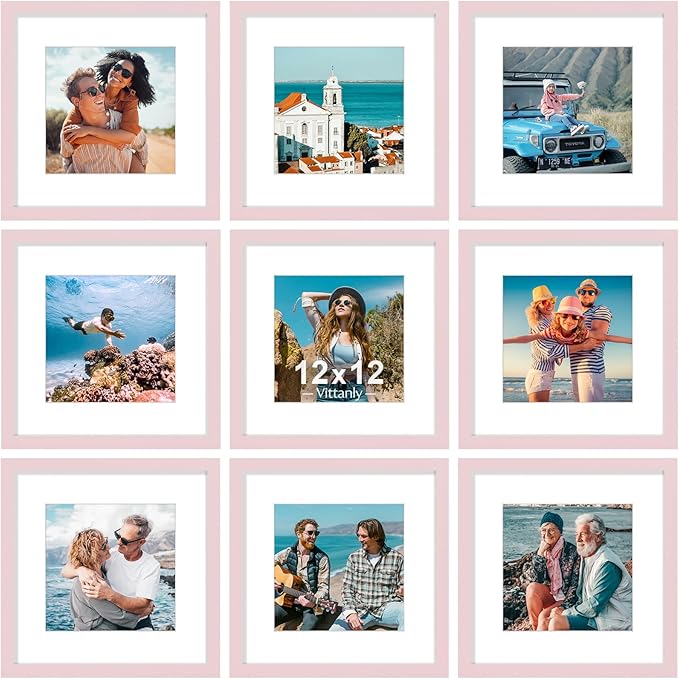 Vittanly 12x12 Picture Frame Set of 9 - Display 8x8 Photos with Mat or 12x12 Without Mat, Wall Mount Frames for Home Decor, Horizontal or Vertical (Pink)-Ruum Studio Home