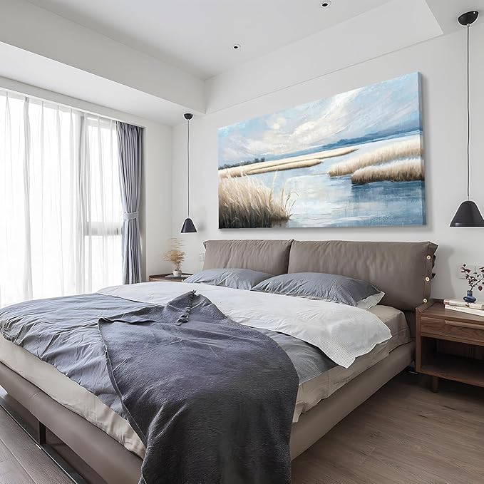 amatop Extra Large Coastal Marsh Landscape Wall Art – Neutral Blue Beige Wetland Canvas Print for Bedroom Living Room Office – Serene Nature Wall Decor,Oversized Ocean Artwork for Home Decoration-Ruum Studio Home
