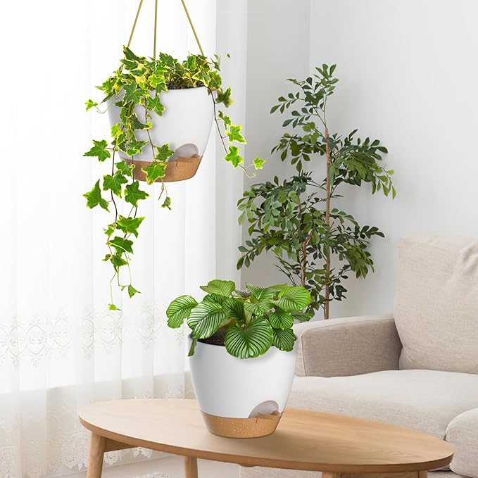 ZMTECH 10 Inch Hanging Planters for Indoor Outdoor Plants, 2 Pack Self Watering Hanging Plant Pots with Drainage Holes and Removable Saucer, Plastic Flower Hanging Pots with Watering Lip (White)-Ruum Studio Home