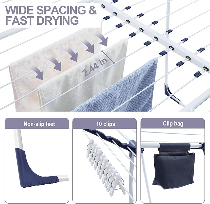 APEXCHASER Clothes Drying Rack, Foldable Gullwing Laundry Rack for Indoor Outdoor, 10pcs Clips with Bag, Collapsible Space-Saving Drying Rack for Clothes Towels Dolls, White-Ruum Studio Home