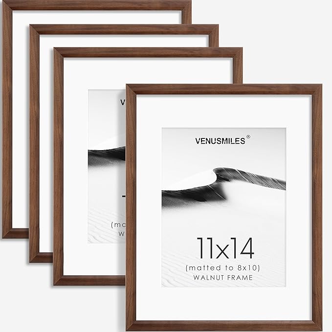 11x14 Picture Frame Set of 4 Natural Solid Walnut Photo Frames with 8x10 Removable Mat Wall Hanging Large Handcrafted Frame with HD Plexiglass Wall and Tabletop Display Large Poster Frame-Ruum Studio Home