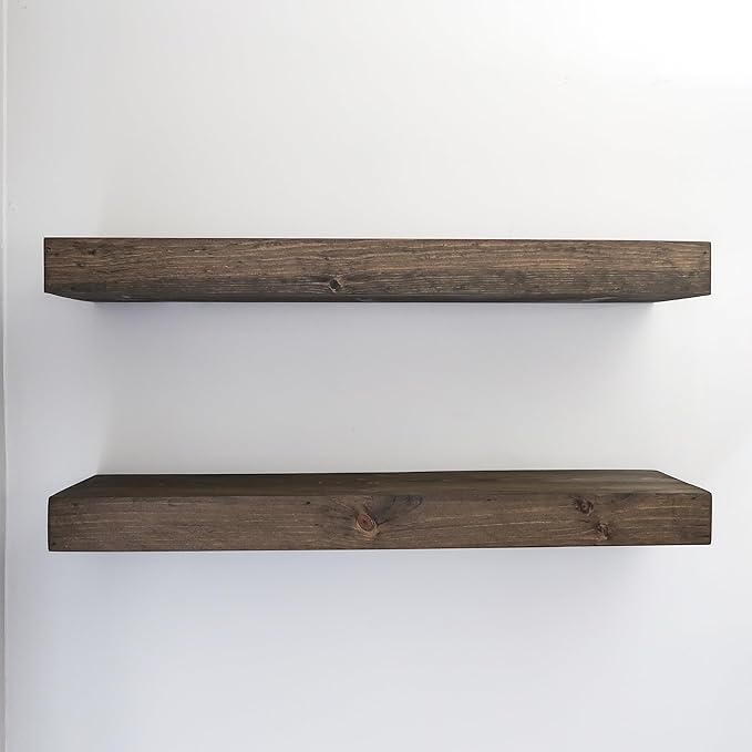 Modern Floating Shelves 3 Inches Thick for Wall, Wide Shelves for Kitchen, Living Room, Bedroom, and Bathroom, Natural Pine Wood, Rustic Wooden Shelf, (Set of 2) (Jacobean, 48Lx3Hx6D)