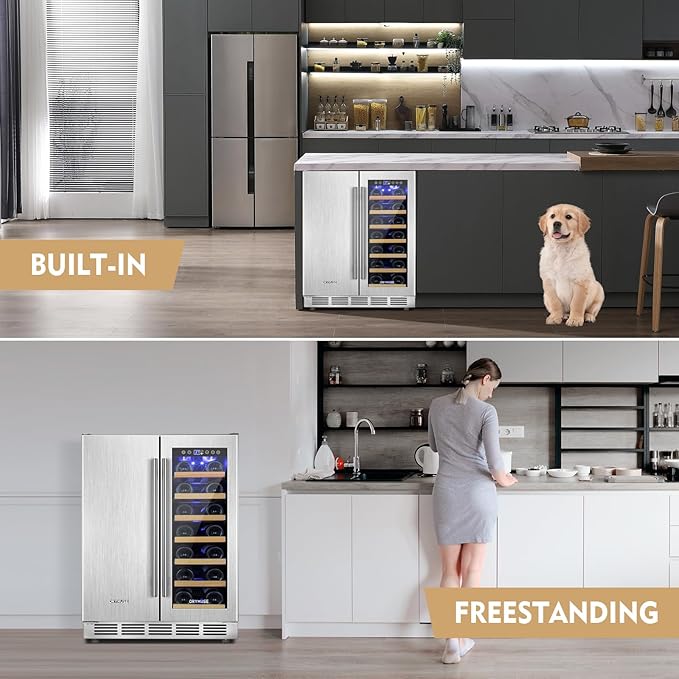 Wine and Beverage Refrigerator, 24 Inch Stainless Steels Beverage Fridge Dual Zone, Wine Beverage Cooler Built-in or Freestanding with Upgraded Cooling, 20 Bottles and 88 Cans Large Capacity-Ruum Studio Home
