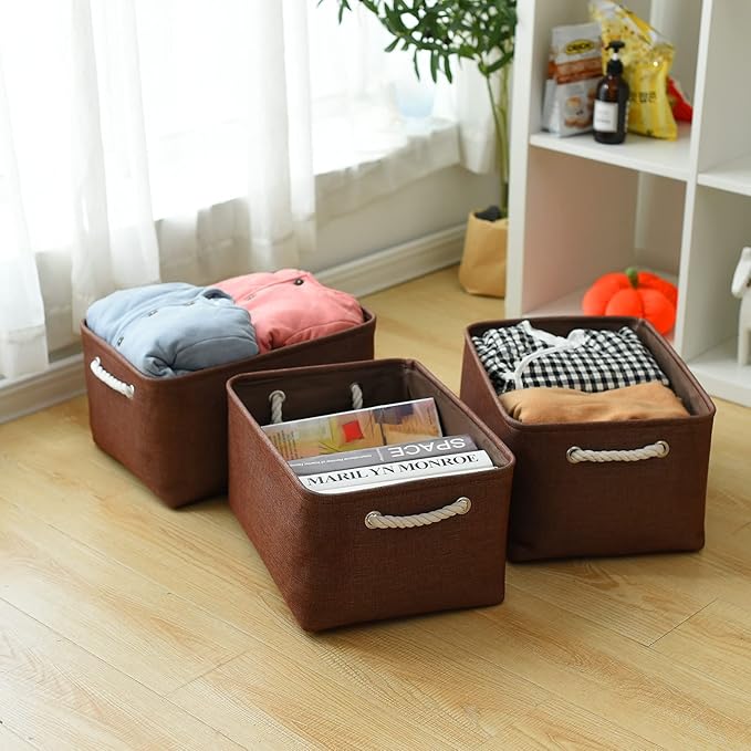 TheWarmHome Decorative Basket Rectangular Fabric Storage Bin Organizer Basket with Handles for Clothes Storage (Brown,Large-3Pack,15.7L*11.8W*8.3H)-Ruum Studio Home