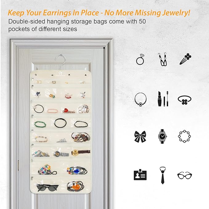 Freegrace Hanging Jewelry Organizer Revolving Hanger - Secure Zipper Closure - 50 Pockets - Foldable Storage & Display Solution - For All Jewelry & Bijoux (Beige)-Ruum Studio Home