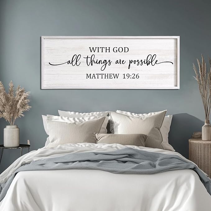 With God All Things are Possible Framed Wall Art, 40''×15'' Vintage Holy Religious Rustic Bible Verse for Christian God Jesus Christ Prayer, Positive Horizontal Inspirational Catholic Scripture Decor-Ruum Studio Home