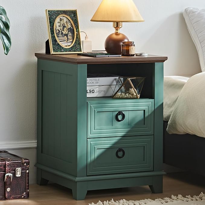 18" Farmhouse Night Stand with Charging Station, 2 Drawers Bedside End Table, Green Wooden Nightstand, Bed Side Table Cabinet with Open Shelf for Bedroom Living Room Office-Ruum Studio Home
