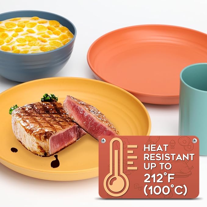 HOTEC 20-Pack Unbreakable Kitchen Plastic Wheat Straw Dinnerware Set – BPA-Free Plates, Bowls & Cups | Lightweight, Microwave & Dishwasher Safe | Multicolor Reusable Tableware for Home & Outdoor Use-Ruum Studio Home