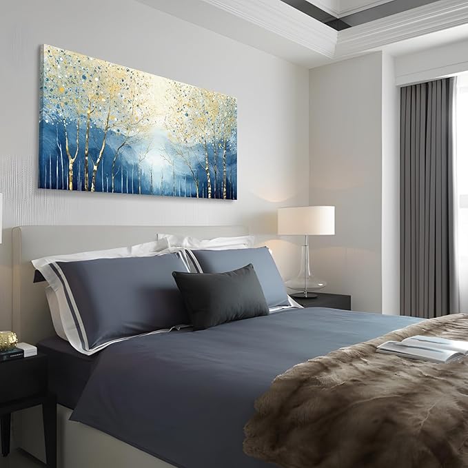 amatop Large Abstract Wall Art for Living Room Modern Tree of Life Canvas Art Print Nature-Inspired Navy Blue Wall Decor Landcape Artwork Birch Forest Picture Bedroom Office Dining Entryway 48x24 Inch-Ruum Studio Home