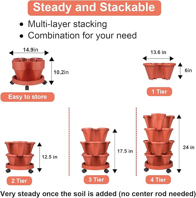 Vertical Planter 4 Tier Stackable Planters Garden Planters Strawberry Herb Flower and Vegetable Planter Indoor Outdoor Gardening Pots with Removable Wheels and Tools 2-Pack-Ruum Studio Home