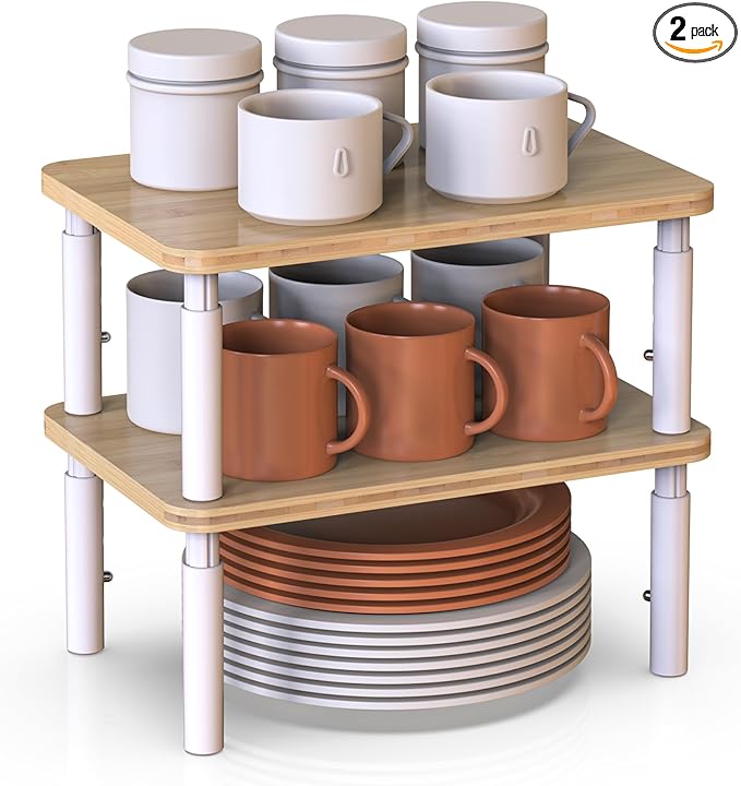 Cabinet Organizer Shelf, Spice Rack Set of 2 Kitchen Pantry Cupboard Shelves, Stackable, Height Adjustable, Natural Bamboo (11.7" W)-Ruum Studio Home