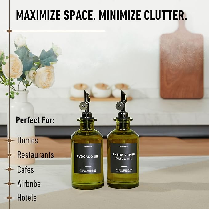 Green Glass Olive Oil Dispenser Bottle For Kitchen By Verpsace,Avocado Oil Dispenser Set, Modern Decor, Gold Kitchen Accessories for Home, Airbnb, Cafe (Black, Set of 2)-Ruum Studio Home