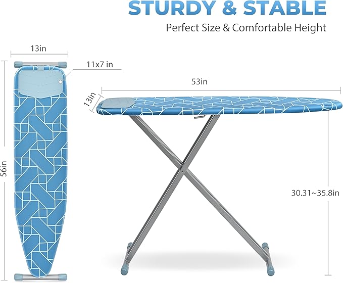 APEXCHASER Ironing Board with Silicon Iron Rest, Heavy-Duty Legs and Heat Resistant Cover, 13x53 inch, Blue-Ruum Studio Home