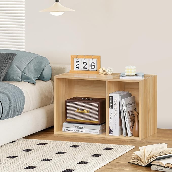LEYAOYAO 2 Cube Bookshelf,Natural Record Player Stand Holds up to 100 Albums, Mini Wood Book Shelf Storage Organizer,Turntable Stand with Vinyl Storage Cabinet, Narrow Open Bookcase for Small Spaces-Ruum Studio Home