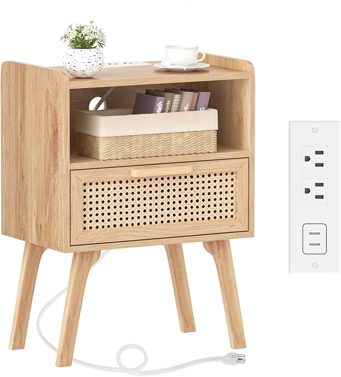 Lerliuo Rattan Nightstand with Charging Station, Boho Night Stand with Handmade Natural Rattan Drawer and Open Shelf, Cane Accent Side End Tables with Solid Wood Legs for Bedroom, Dorm, Small Spaces-Ruum Studio Home