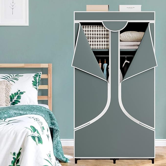 SORCEDAS Portable Wardrobe Closet Storage Organizer Metal Hanging Rack Non-Woven Fabric 34 Inch Grey-Ruum Studio Home