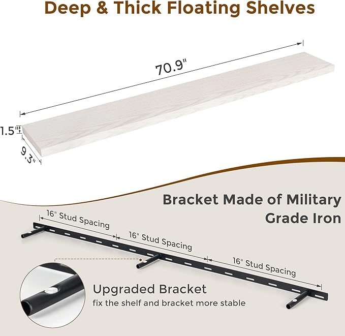 72 Inch Floating Shelves, 72 x 9 Rustic Wooden Fireplace Mantel, 9 Inch Floating Shelf for Wall, Farmhouse Wall Shelves for Home Storage & Display, Brich Color, Set of 1-Ruum Studio Home