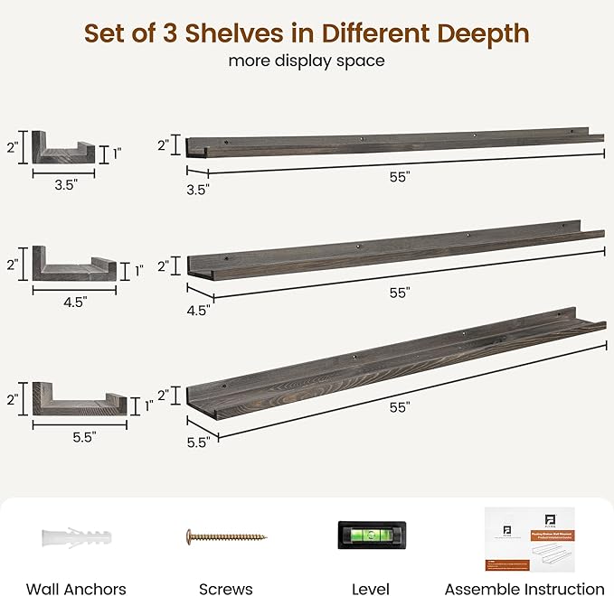 Picture Ledge Wall Shelves 56 Inches Width Set of 3, Solid Pine Wood Rustic Floating Ledge for Kids' Room Bedroom Kitchen Bathroom, Long Floating Shelves for Wall Decor, Grey-Ruum Studio Home