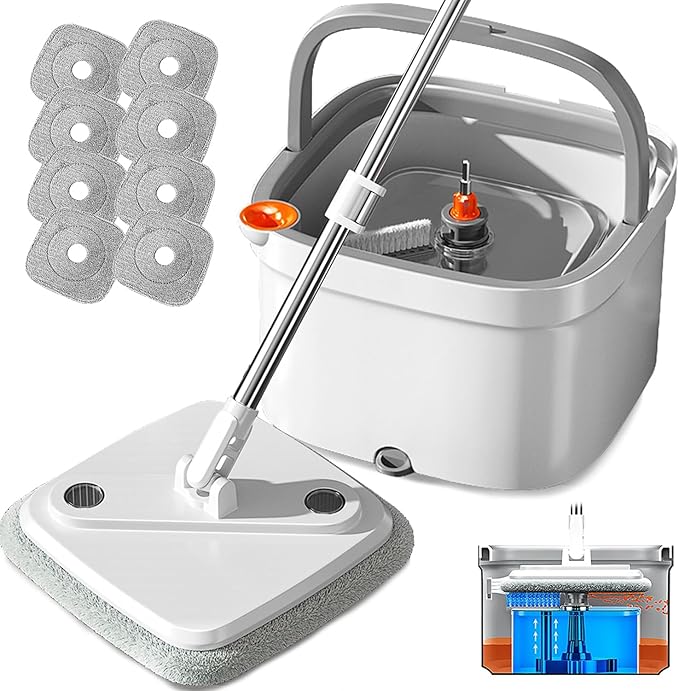 KZKR Spin Mop and Bucket Set with Self Separation Dirty and Clean Water System, Self Wringing 360° Rotating Square Mop Head for Home Floors Cleaning (1.0 Mop and Bucket Set (10 Pads))-Ruum Studio Home