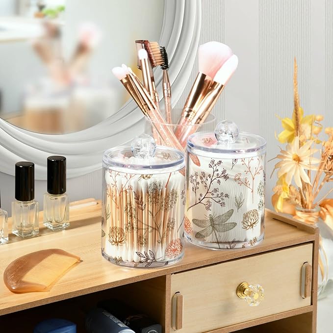 2 Pack Qtip Holder Organizer Dispenser Dragonfly Pattern Bathroom Storage Canister Cotton Ball Holder Container for Cotton Swabs/Pads/Floss-Ruum Studio Home