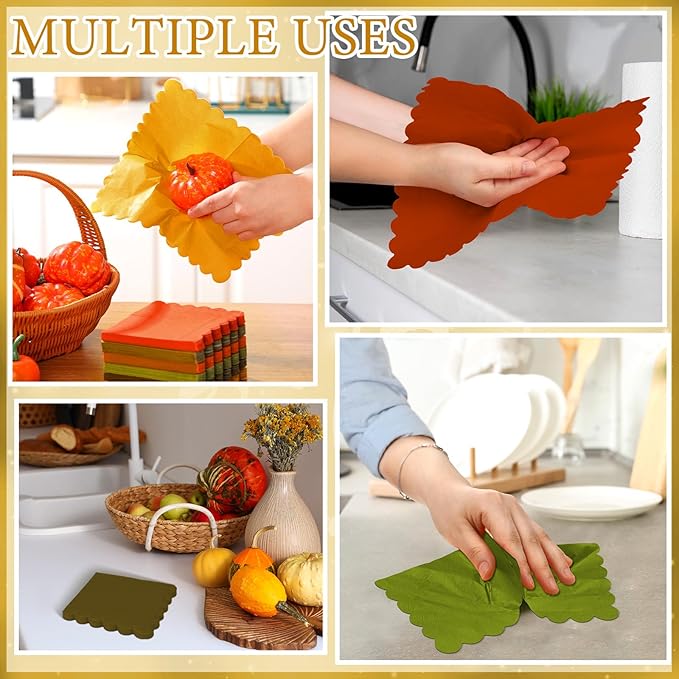 150 Pcs 5 x 5 Inches Fall Thanksgiving Paper Napkins Scalloped Cocktail Napkins Disposable Autumn Harvest Party Supplies Dessert Beverage Bathroom Table Dinner Wedding Decor-Ruum Studio Home