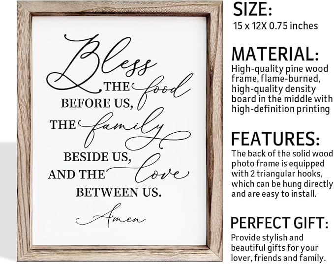 Christian Wooden Wall Sign, Dining Room Decors, Farmhouse Decor for Kitchen, Rustic Home Decor, Framed Wall Plaque Sign 15 * 11.5 inches, Bless the Food Before Us-Ruum Studio Home