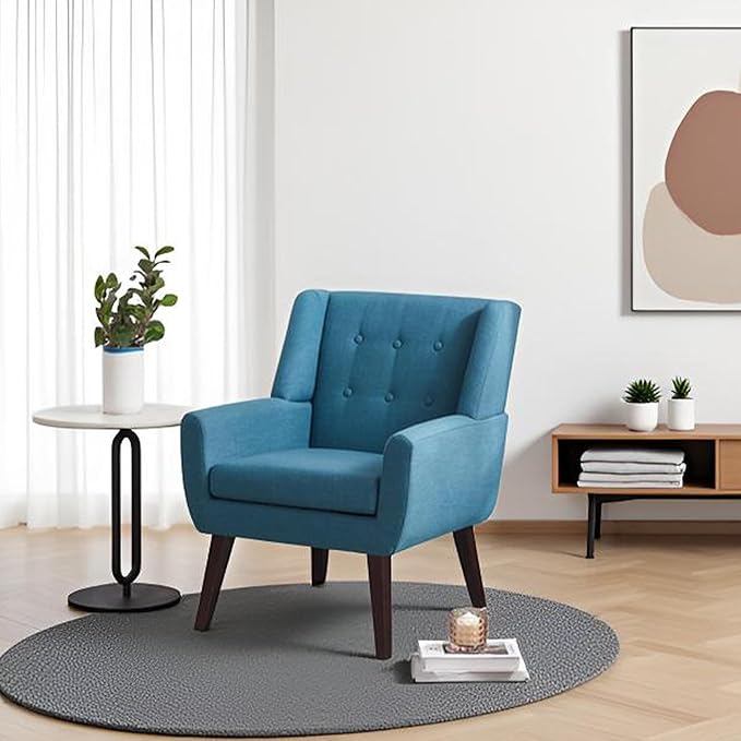 HUIMO Button-Tufted Accent Chairs,Upholstered Reading Living Room Chair,Mid Century Modern Chair with Linen Fabric, Club Chair,Comfy Arm Chairs for Living Room,Bedroom Lake Blue-Ruum Studio Home
