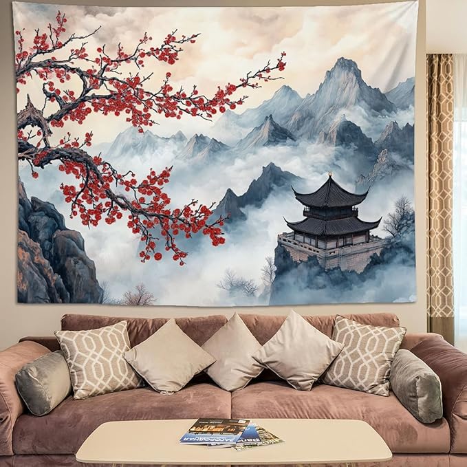 keowhsf Japanese Tapestry Aesthetic Wall Decor – Watercolor Ink Landscape with Red Plum Blossoms and Misty Mountains, Asian Art Hanging for Bedroom, Living Room, Dorm-Ruum Studio Home