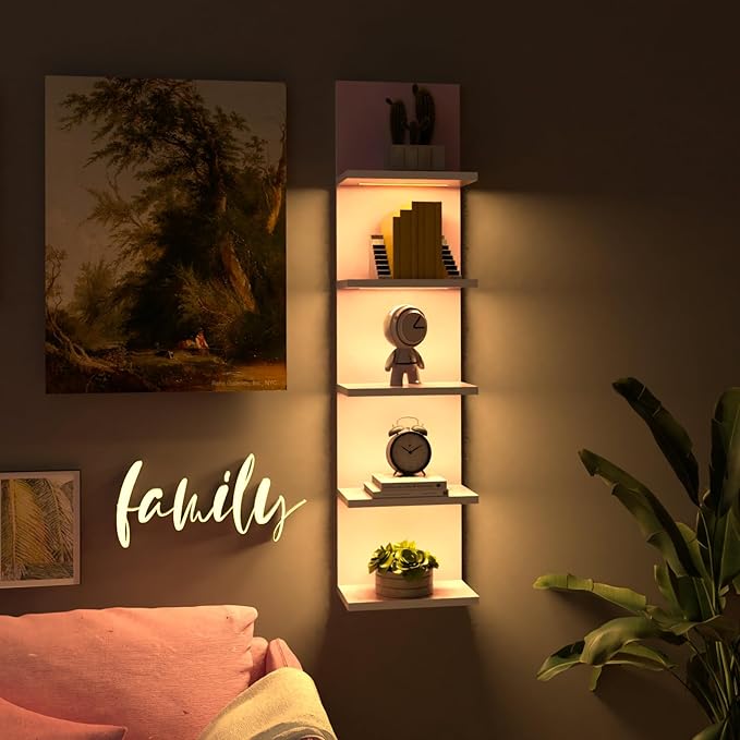 5 Tier Wall Shelf Unit,Modern Vertical Lack Wall Shelves with Light, Wall Mount, Floating Column Home Decor Shelves for Bedroom, Living Room, Vanity Storage Display(Pink)-Ruum Studio Home