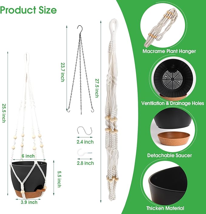 Hanging Planters for Indoor Outdoor Plants, 2 Pack Self Watering Hanging Pots, Hanging Plant Baskets with Drainage Holes & 2 Types of Plant Hangers (Black, 6'')-Ruum Studio Home