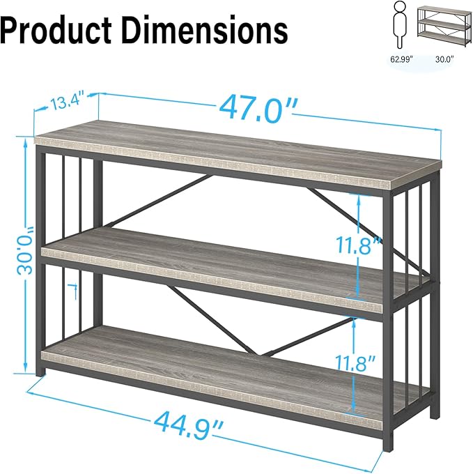 LVB Farmhouse Entryway Table, Metal Wood Console Table for Hallway, Industrial Rustic Sofa Table with 3-Tier Storage Shelf, Modern Entry Table for Foyer Front Home Living Room, Light Grey Oak, 47 inch-Ruum Studio Home