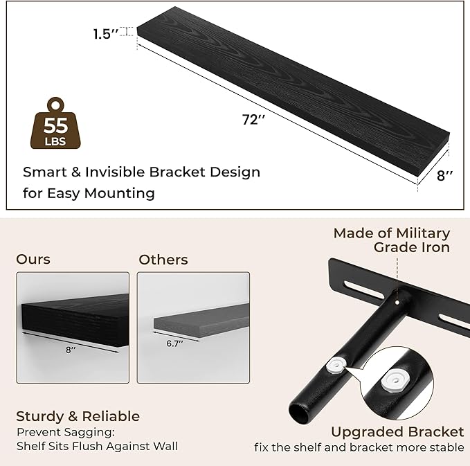 RICHFOCUS 72Inch Floating Shelves for Wall 1 Pack Shelves for Bedroom|Kitchen|Bathroom Wall Mounted Rustic Wood Floating Shelf with Invisible Brackets for Books|Storage|Decor, Black-Ruum Studio Home