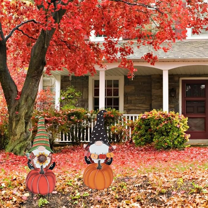 hogardeck Fall Decorations for Home Outdoor, 2 Pcs Metal Gnome Decorative Garden Stakes with Pumpkins for Fall Decor, Yard Signs for Garden Home Lawn Patio Thanksgiving Decorations-Ruum Studio Home