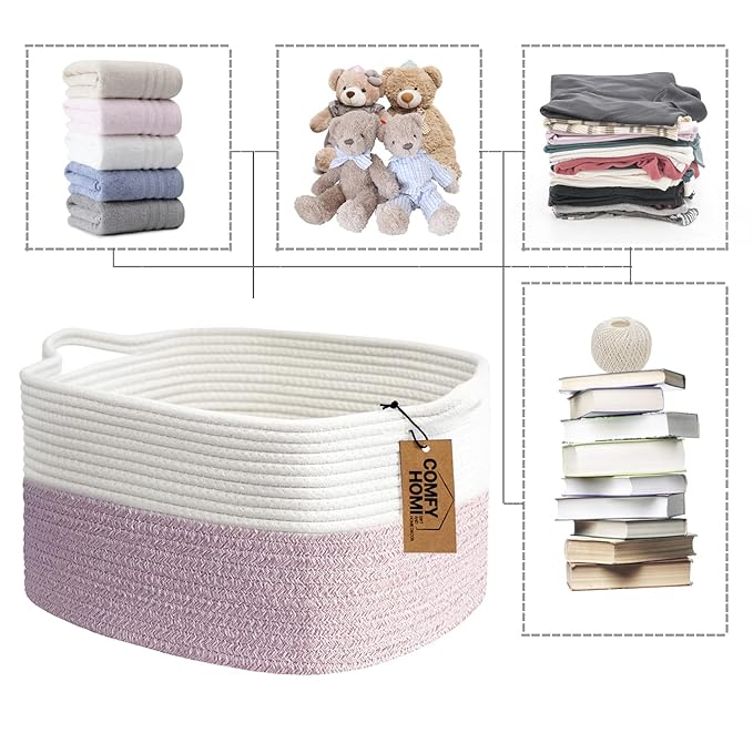 COMFY-HOMI Cotton Rope Woven Medium Basket with Handles for shelf，Cloth Storage Basket for Organizing-13.5X11X9.5 Storage Bin for Bedroom, Newborn or Infant Gift for boy girl （White/Pink）-Ruum Studio Home