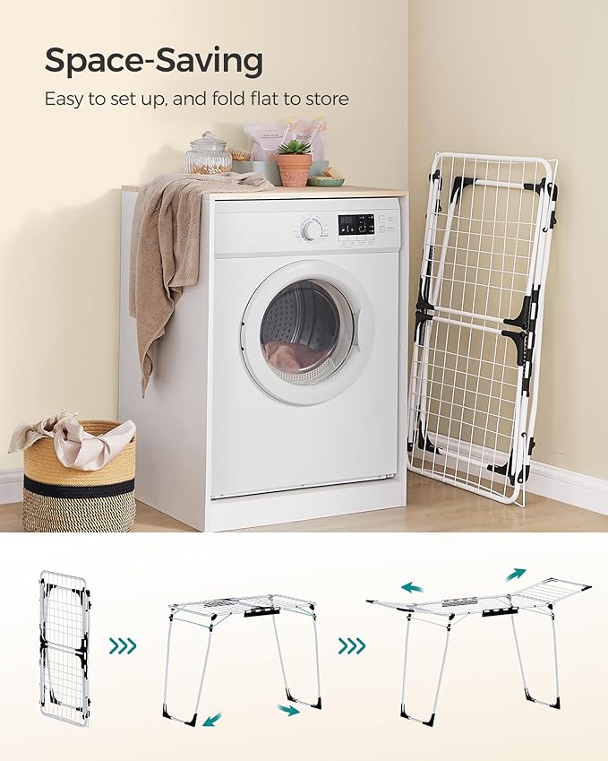 SONGMICS Clothes Drying Rack Foldable, Gullwing Laundry Drying Rack, Space-Saving, 22.2 x 68.1 x 38 Inches, Sock Clips, Metal Structure, for Clothes, Towels, Linens, Indoor, Outdoor White ULLR518W01-Ruum Studio Home