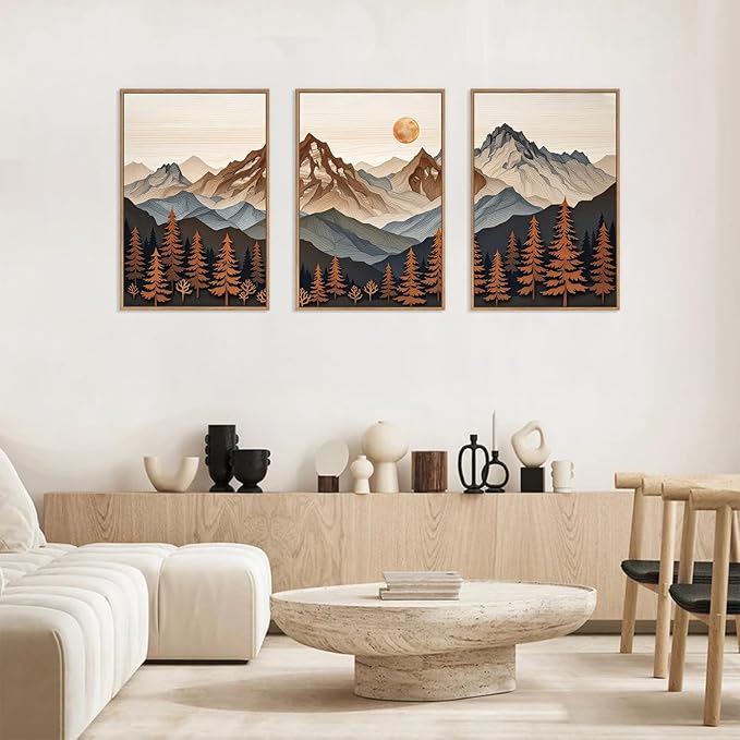 HLNIUC Large Boho Mountain Framed Canvas Wall Art Set,Woodcut Style Mountain Wall Decor,Vintage Forest Pine tree Art Prints,Nature Sunrise Landscape Wall Painting for Living Room,Bedroom - 16”x24”x3-Ruum Studio Home